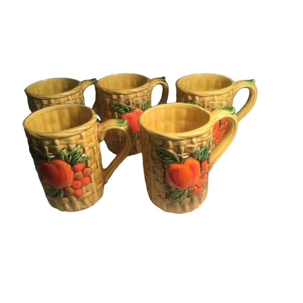 Vintage Ceramic Coffee Mugs Cups Yellow Basket Weave with Peaches on Front #5349 - Picture 3 of 8